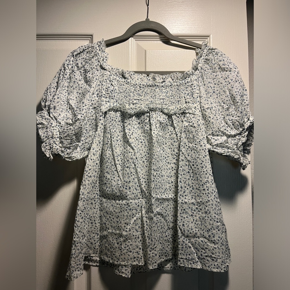 Doen Women’s Frances Gem Pleated Floral Printed Ruffle Cotton Blouse Tunic Top S